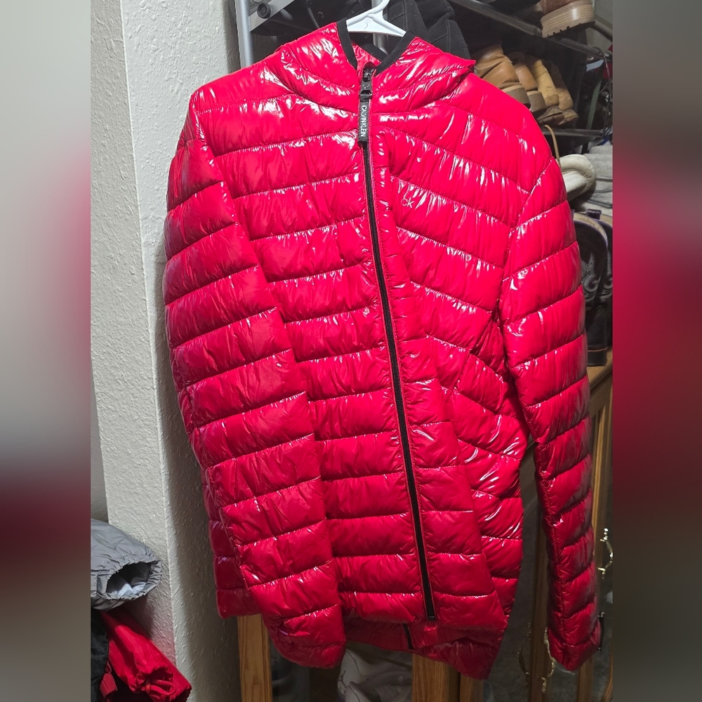 Vibrant Red Calvin Klein Hooded Puffer Jacket